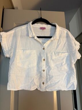 miami White Short-Sleeve Button Down Linen Crop Shirt, basic white tees x2
